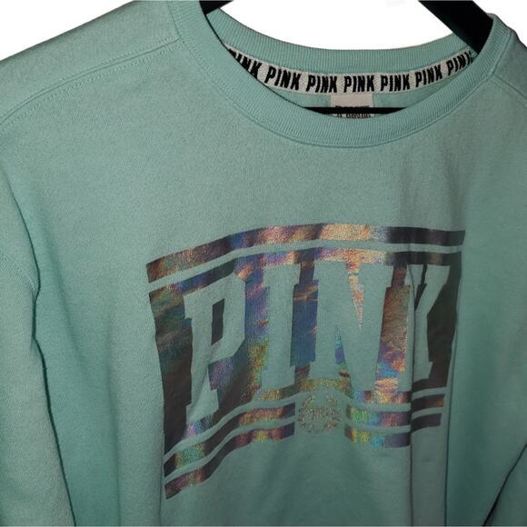 VS PINK Baby Blue Campus Crew Holographic Logo XS - Picture 2 of 11